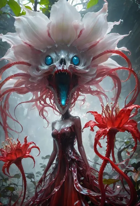 Magic plantloody ghost flower from the abyss, Ghost Flower,Blood-red tentacles stare at the dead，Enchantment，uncanny，terror