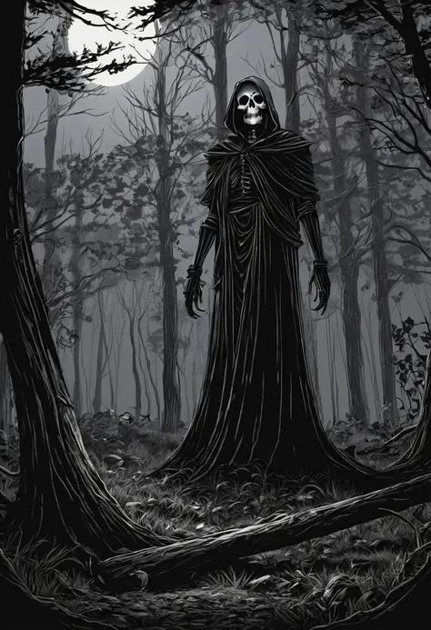 Dibujo de la sombra de la muerte en medio de un bosque oscuro 