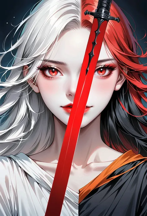 Beautiful angel holding a sword，Simple lines，Abstract Art，Holding a red long sword， (The artwork should transition from a black and white pencil style on the left half to bright colors on the right half, Ensure the two halves blend seamlessly，No dividing l...