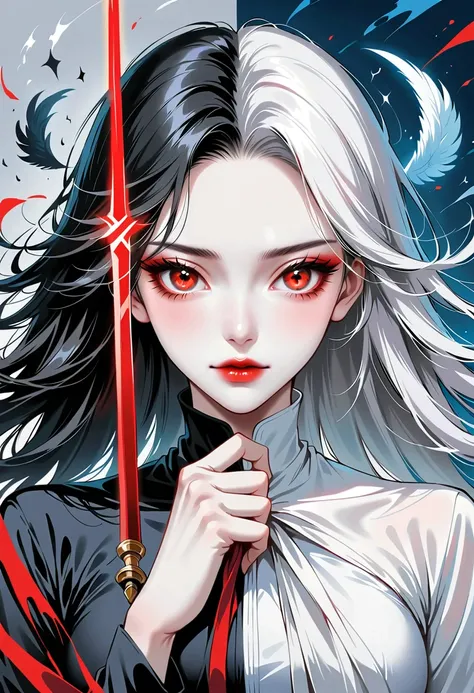 Beautiful angel holding a sword，Simple lines，Abstract Art，Holding a red long sword， (The artwork should transition from a black and white pencil style on the left half to bright colors on the right half, Ensure the two halves blend seamlessly，No dividing l...