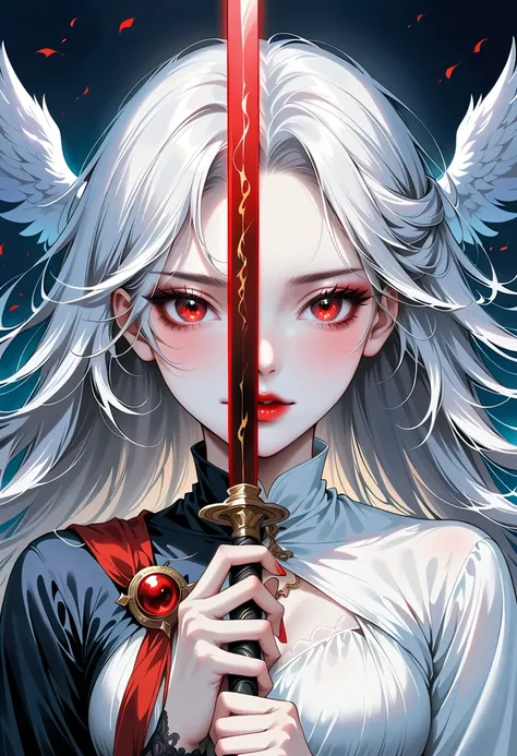 Beautiful angel holding a sword，Simple lines，Abstract Art，Holding a red long sword， (The artwork should transition from a black and white pencil style on the left half to bright colors on the right half, Ensure the two halves blend seamlessly，No dividing l...