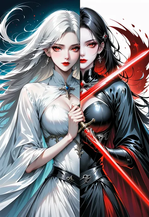 Beautiful angel holding a sword，Simple lines，Abstract Art，Holding a red long sword， (The artwork should transition from a black and white pencil style on the left half to bright colors on the right half, Ensure the two halves blend seamlessly，No dividing l...