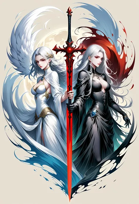 Beautiful angel holding a sword，Simple lines，Abstract Art，Holding a red long sword， (The artwork should transition from a black and white pencil style on the left half to bright colors on the right half, Ensure the two halves blend seamlessly，No dividing l...