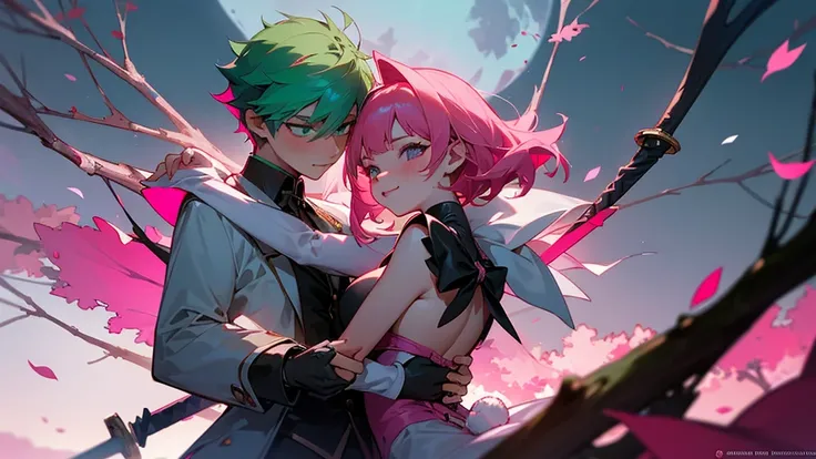 a bunny boy who is holding a sword and is on top of a pink tree with several souls around him and he is surprised looking at a girl and the girl has green hair and big breasts she crosses her arms over her big breasts and she looks at him with a mischievou...