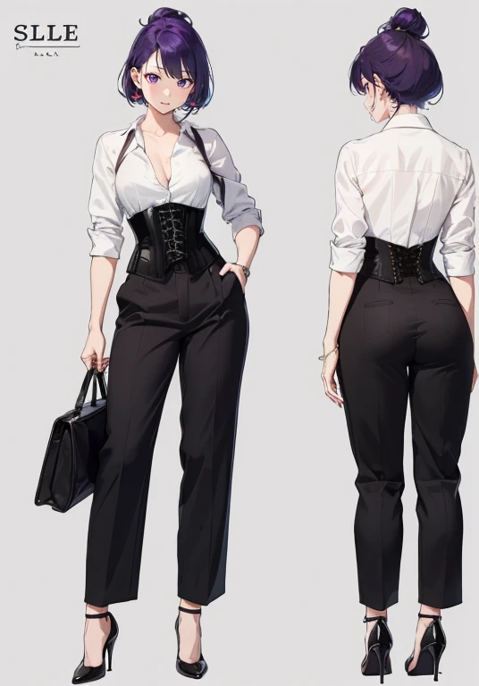 Purple hair,short hair,Adult female,(bartender),((Roll up your shirt sleeves)),(Rolling up the sleeves of his shirt),(corset),(slacks),(High heels),((Simple Background)),smile,((whole body)),((full body)),Character Sheet,