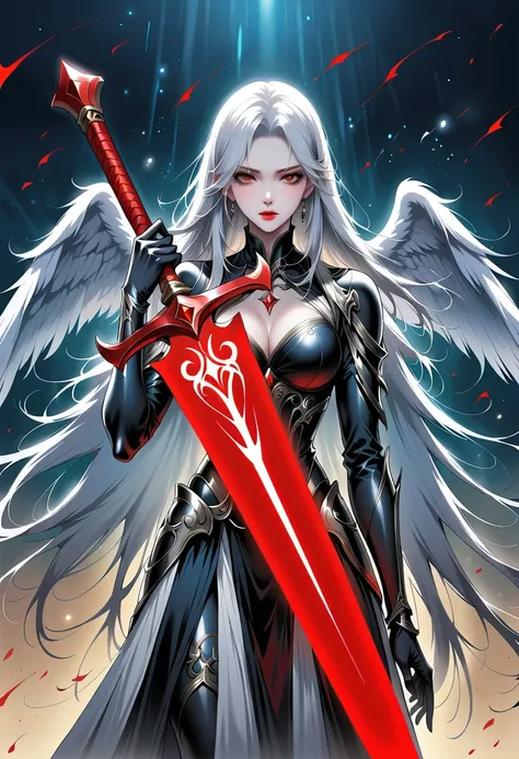 Beautiful angel with sword，Simple lines，Abstract Art，Holding a red long sword，