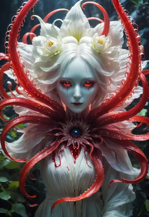 Magic plantloody ghost flower from the abyss, Ghost Flower,Blood-red tentacles stare at the dead，Enchantment，uncanny，terror