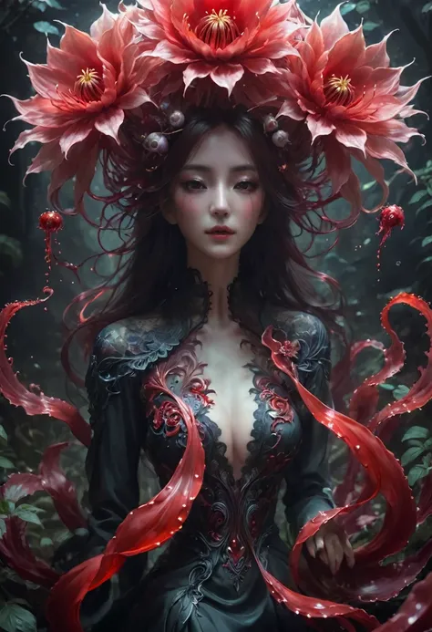 Magic plantloody ghost flower from the abyss, Ghost Flower,Blood-red tentacles stare at the dead，Enchantment，uncanny，terror