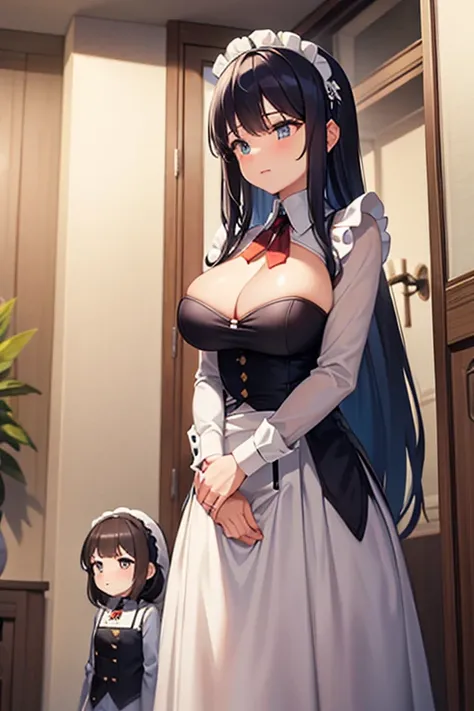 (a miniature woman standing besides a giantess girl: 1.1), (two girls standing next to each other with height difference: 1.2), (hugging), (yuri: 1.2) closeup breasts and face, (from below view: 1.2), (medium sized breasts), cleavage, (indoors: 1.1), (2gir...