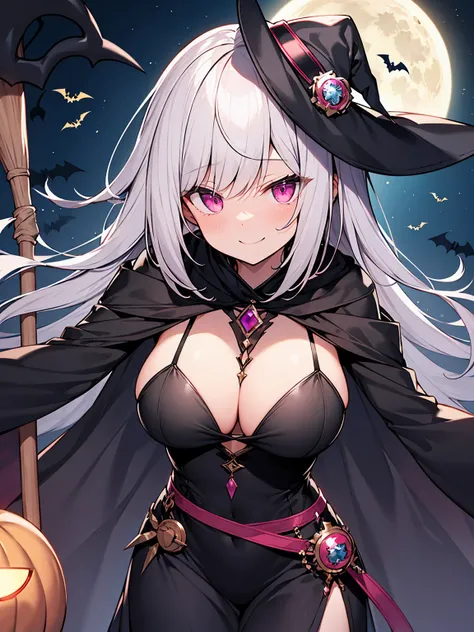 Silver Hair、Sharp Eye、Pink Eyes、witch、Ruthless smile、Flying on a broom、Black Robe、Black Cape、Large Breasts、darkness、Aggressive、insanity、Murderous Intent、cool、Full moon night、Halloween