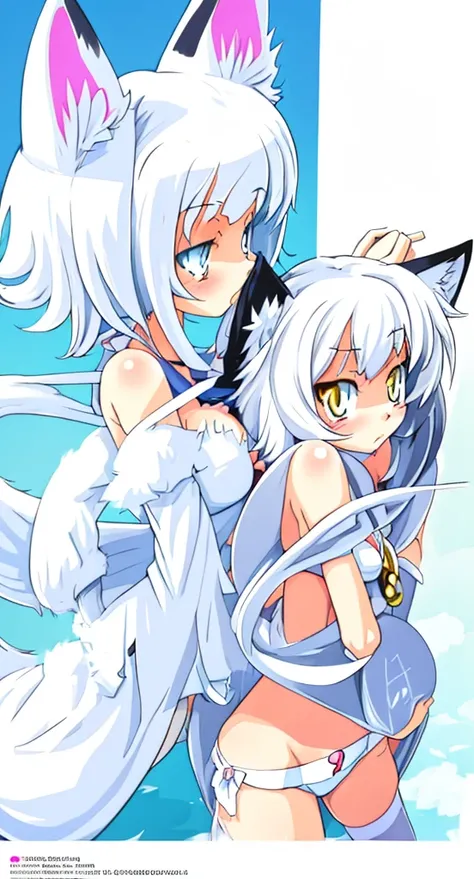 anime girl with cat ears and tail in a white bikini, neferpitou, holo is a wolf girl, anime catgirl, white cat girl, cute anime ...