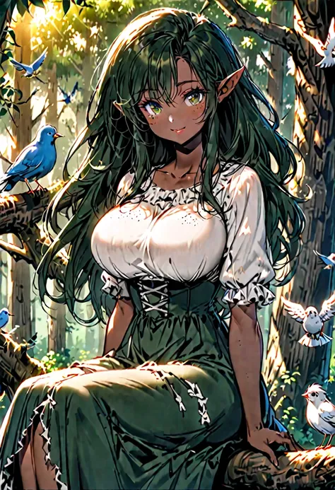 solo, female, sfw, medium, shot, sitting on tree branch, dark brown skin, freckles:1.6, dark green hair, long hair, big hair, dark green eyes, lady-like, huge breasts, gentle smile, ragged dress, pointed ears, forest, motherly, birds, sunny