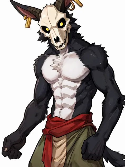 by Buta99, by SpiritD, best quality, masterpiece, perfect anatomy, plain white background, white background, black fur, skull mask, goat skull, yellow eyes, goat, extremely detailed, full body, lean, slim, skinny, thin, weak, muscles, muscular, big chest, ...