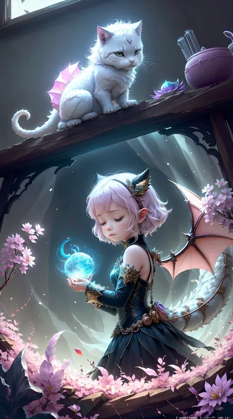 Faris Style, alone, hair ornaments, close your eyes, flower, wing, horn, Cat, white Cat, Dragon-Cat, hair flower, No humans, gem, Dragon, scale, eastern Dragon, Movie angle, Cinema Lighting, Shorthand, Depth of written boundary, Detailed Background, master...