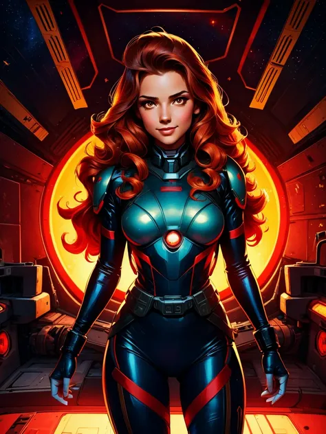 Best quality illustration, space beautiful vintage woman,in defense position,LONG CURLY hair, looking to observer, LITTLE SHY SMILE, tight hi-tech armor suit RED with yellow details, hi-tech gloves, militar tactical belt, spaceship scenario,difuse red ligh...