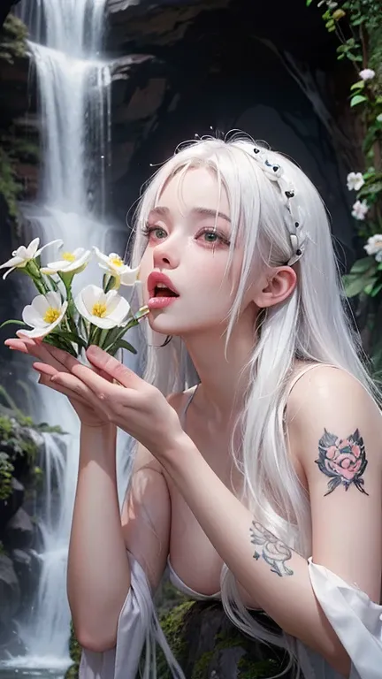 One girl, alone, white_hair, Tattoo, cave, Lush, Flowers, beautiful, Idyllic, Majestic, Absurd, Hyperrealism, texture, maximum_detailed, Digital SLR , Giving a blowjob, blowjob