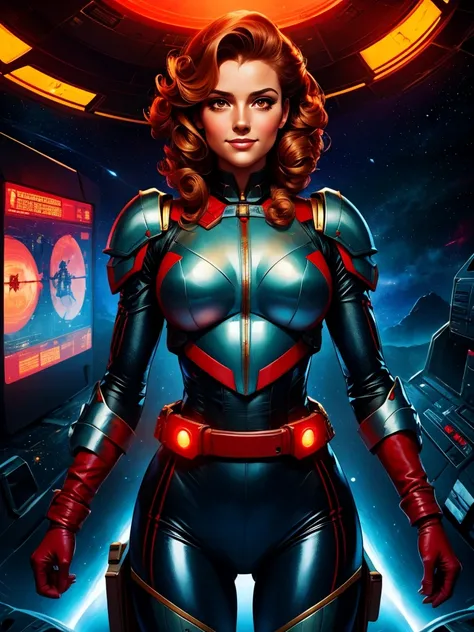 Best quality illustration, space beautiful vintage woman,CURLY hair, looking to observer, LITTLE SHY SMILE, tight hi-tech armor suit RED with yellow details, adjusting hi-tech gloves, militar tactical belt, spaceship scenario,difuse red lights