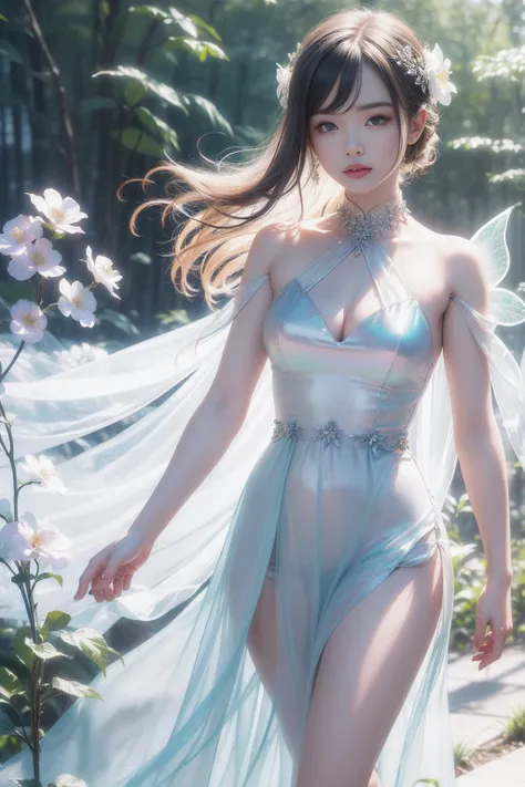 (((girl))，Long skirt，Iridescent colors，(Flower Fairy)，(Rich colors)，spring，Arthur effect, Transparent body, Gradient translucent glass melt, Caustics, Clear glass texture, Iridescent colors, design：Dietrams, Simple, Shining in every detail, White backgroun...