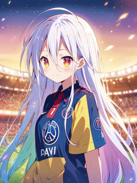 In a dreamy, anime-style illustration, Shiro from No Game No Life ,stands alone in a soccer stadium, facing us, bathed in a warm, golden light. She wears a Paris Saint-Germain blue  jersey with number 7, white hair, no game no life eye style, with a soft, ...