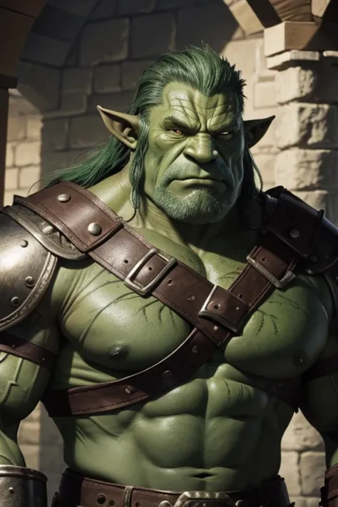 Tall middle-aged grumpy muscular troll with scars, green skin and dressed in medieval leather armor.