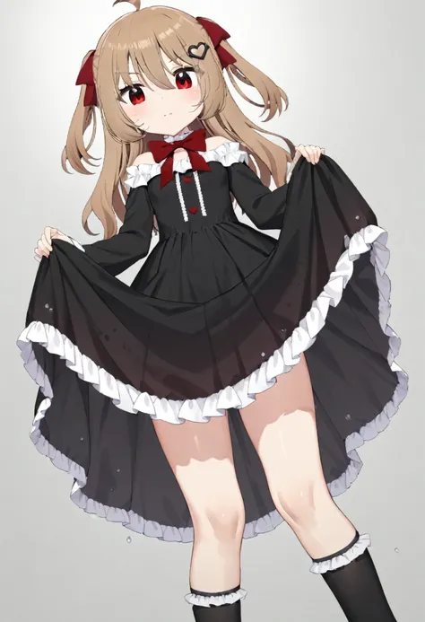 1girl, evil neuro-sama, (yuzu modoki), red eyes, light brown hair, ahoge, two side up, hair ribbon, dark red ribbon, heart hair ornament, black dress, frilled dress, off-shoulder dress, bare shoulders, frilled choker, long sleeves, red bow, red buttons, bl...