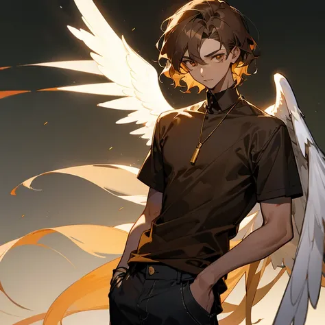 Winged angel young and tall brown man, slim build, pale skin, golden eyes, short wavy brown hair with golden highlights, black wingless shirt, casual clothing.