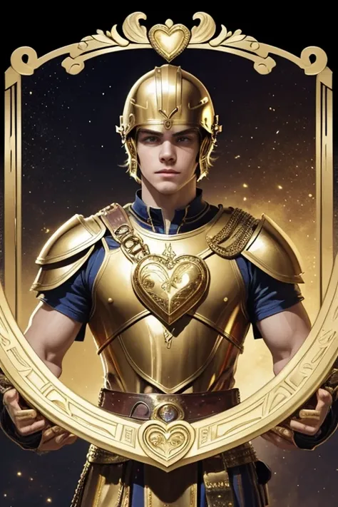 Tarot card, Ross Lynch as a Roman soldier, front-facing, gold armor, {{{gold helmet}}}, galea, gold chest plate, making a heart with his hands, gold background, ultra-realistic, detailed