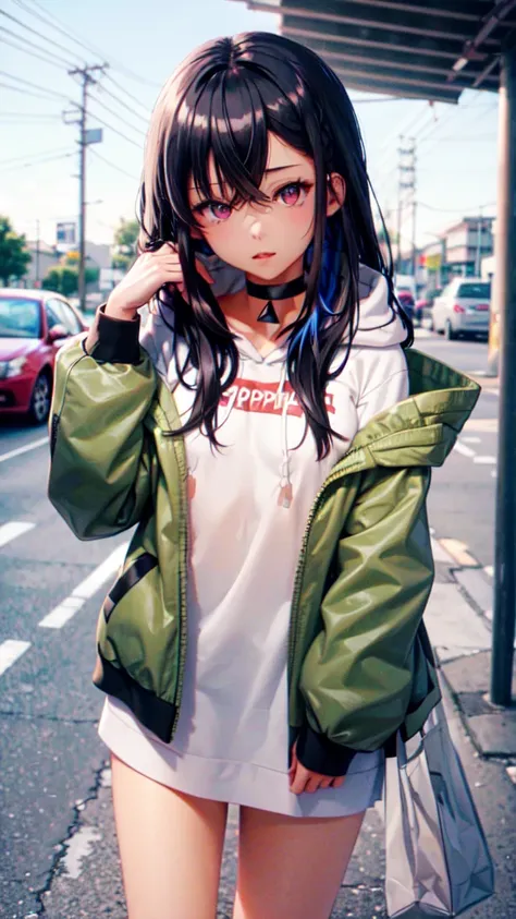 one girl, alone, aurha, long hair, multicolored hair, black choker, white hoodie, lower the hood, green jacket, open jacket, bot...