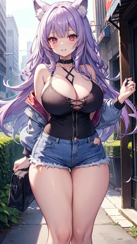 Wolf Girl, Large Breasts, Voluminous light purple hair, masterpiece , Red eyes, hd, Thick thighs, Head to Chest, buried in my chest、Double teeth、tooth、Chubby、Grinning、Vertical Line Camisole、Big Tits、Denim Jacket、white iris、