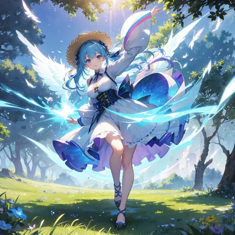 One female、In the grassland、Wearing a large straw hat、Rainbow dress、Fluttering Skirt、Fluttering Ribbon、Wind and light expressed with particle effects、Swaying Grass、One big tree、side、Full body cut、Masterpiece、Maximum Performance,Fancy candy forest、Fancy can...