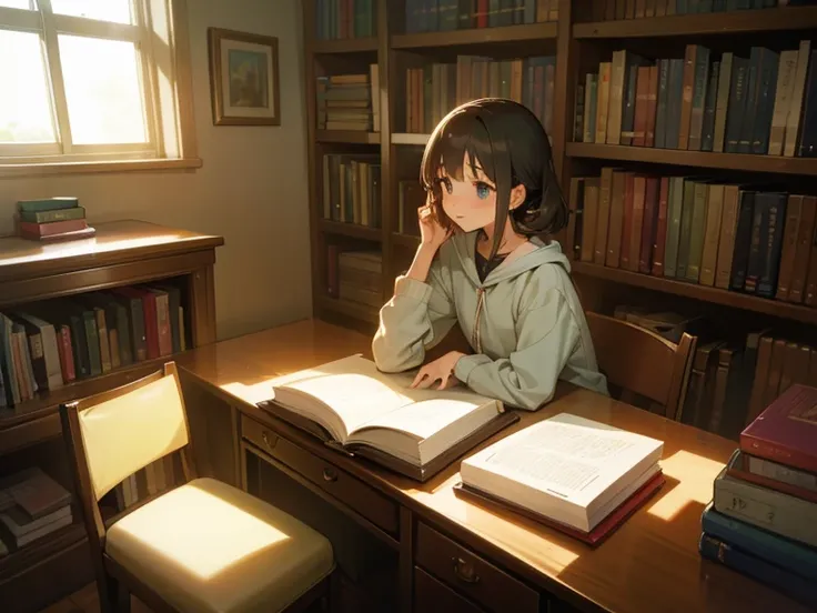 A 15-year-old anime girl sits at her desk, surrounded by bookshelves filled with her favorite stories. The sunlight streams in through the window, casting a warm glow on her face as she dives into the pages of her latest read.