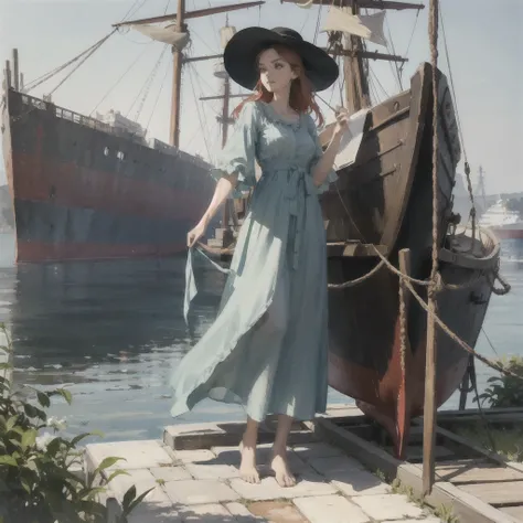 a beautiful slender thin girl with a perfect face of the southern type with red hair in a 19th century dress in a hat with a book standing barefoot (about a big one ((Ship))), summer, A warm sunny day, in a gentle watercolor style, Discreet shades, sfumato...