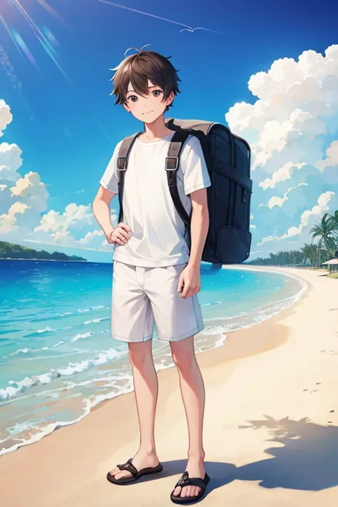 masterpiece, best quality, high resolution, extremely detailed, detailed background, cinematic lighting, 1boy, young man, looking at viewer, beach, white t-shirt, boxer shortpants , smile, wearing  backpack, (backpack:1.0), travel backpack, standing, fullb...