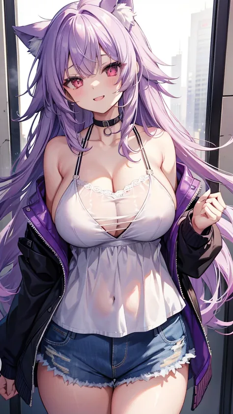 Wolf Girl, Large Breasts, Voluminous light purple hair, masterpiece , Red eyes, hd, Thick thighs, Head to Chest, buried in my chest、Double teeth、tooth、Chubby、Grinning、Vertical Line Camisole、Big Tits、Denim Jacket、white iris、