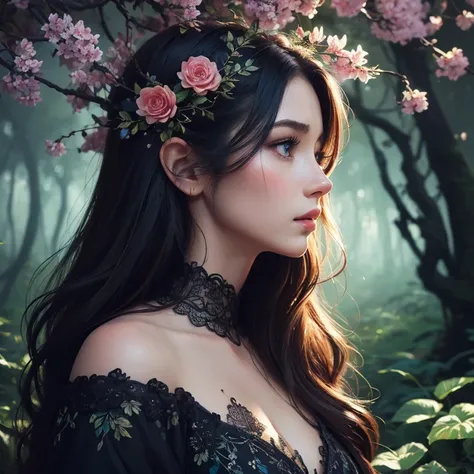 (((medium full shot))), (Masterpiece, photorealistic, photorealism, best quality, ultra-detailed:1.3), (nice hands, perfect hands), official art, cinematic light, (1girl:1.3), adult, solo, long hair, breasts, blush, blue eyes, black hair, hair ornament, dr...