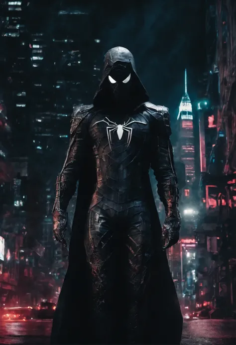 (extremely detailed 8k wallpaper), a medium shot photo of cyberpunk scary Grim dressed as cloak Spiderman in an armour made of black leather from marvel, cyberpunk theme, intricate, high detail, dramatic, neon city lights in the background