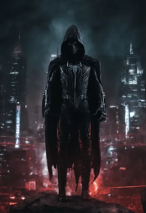 (extremely detailed 8k wallpaper), a medium shot photo of cyberpunk scary Grim dressed as cloak Spiderman in an armour made of black leather from marvel, cyberpunk theme, intricate, high detail, dramatic, neon city lights in the background