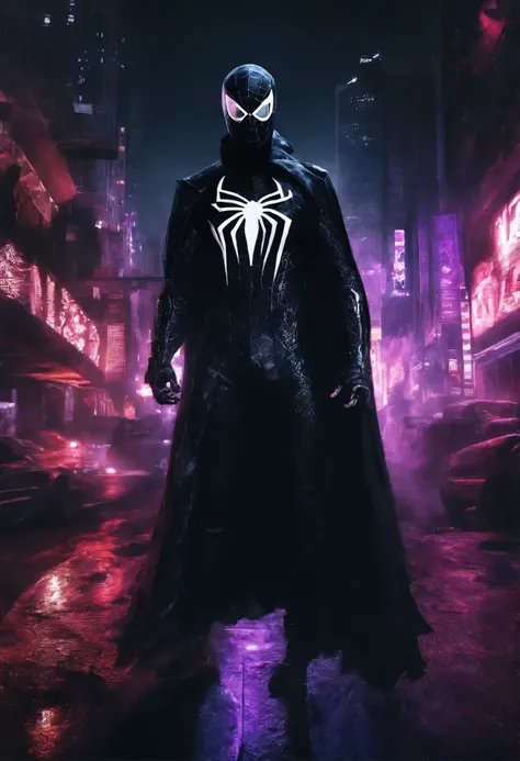 (extremely detailed 8k wallpaper), a medium shot photo of cyberpunk scary Grim dressed as cloak Spiderman in an armour made of black leather from marvel, cyberpunk theme, intricate, high detail, dramatic, neon city lights in the background