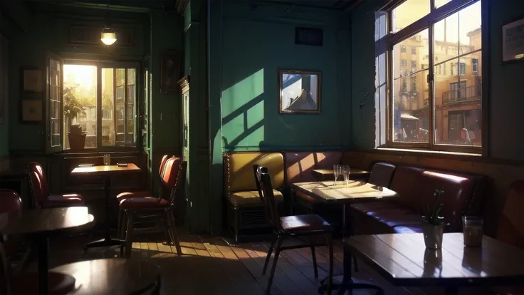 Retro French cafe,evening,,An empty room,Window seat,Lo-fi,chill