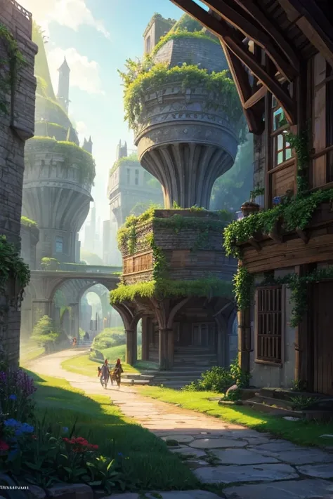 city of the elves full of vegetation with magic crystals medieval city