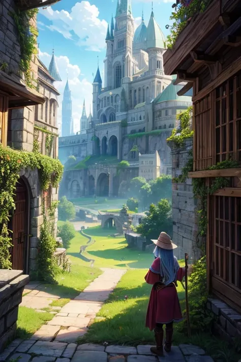 city of the elves full of vegetation with magic crystals medieval city