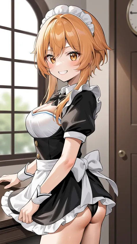 source_anime,score_9,score_8_up,ikuchan, BREAK, 1girl, short hair, INDOORS, MEDUIM BREASTS, BRANDING, smile, happy, lole, ((aged down)), young, very young, rating:safe, sfw, smug, grin, maid, maid outfit, ass, skirt, rating:safe, sfw, skirt, aged down, lol...