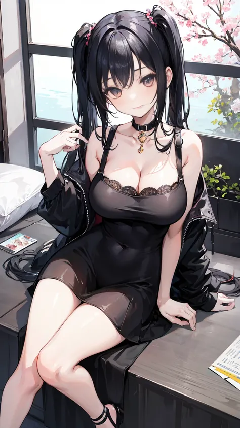 masterpiece,anime style,chibi,sexy girl,black hair,shoulder length hair with two pigtails,naked,smiling,big breasts,waiting on the right side of the image,showing cleavage,full body,standing,