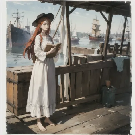 a beautiful slender thin girl with a perfect face of the southern type with red hair in a 19th century dress in a hat with a book standing barefoot (near a large old wooden ((Ship))), summer, A warm sunny day, in a gentle watercolor style, Discreet shades,...