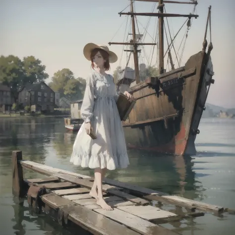 a beautiful slender thin girl with a perfect face of the southern type with red hair in a 19th century dress in a hat with a book standing barefoot (near a large old wooden ((Ship))), summer, A warm sunny day, in a gentle watercolor style, Discreet shades,...