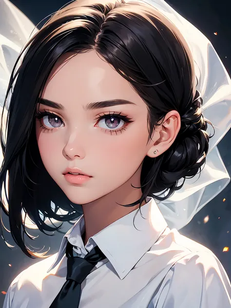 (highly detailed), (SFW),(masterpiece)(high resolution)((face close-up:1.2))(exquisite features) A girl with short brown-black hair tied up in a bun with a hair clip. ((asymmetrical hair)) ((hair covering face)) Her skin is shiny and her lips are glossy. (...