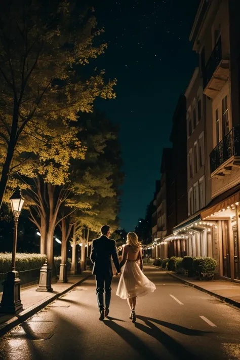 Couple, {{{man and woman}}}, blonde, walking at night, streetlight glow, trees feel alive, magical scene, awe-inspiring, falling in love