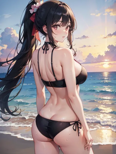 ((masterpiece, best quality, highest quality, ultra-detailed, 32K cg wallpaper, high resolution)), 1 woman,black hair,brown eye,long ponytail hair,swept bangs,gigantic breasts,smile,parted lips,pink plunging swimwear,standing,from behind,open legs,sweat,be...