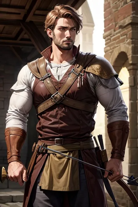  30-year-old man, slim build, muscular, medieval adventurer costume, brown-haired archer, holding a bow in his hand, brown eyes.