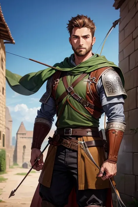  30-year-old man, slim build, muscular, medieval adventurer costume, brown-haired archer, holding a bow in his hand, brown eyes.